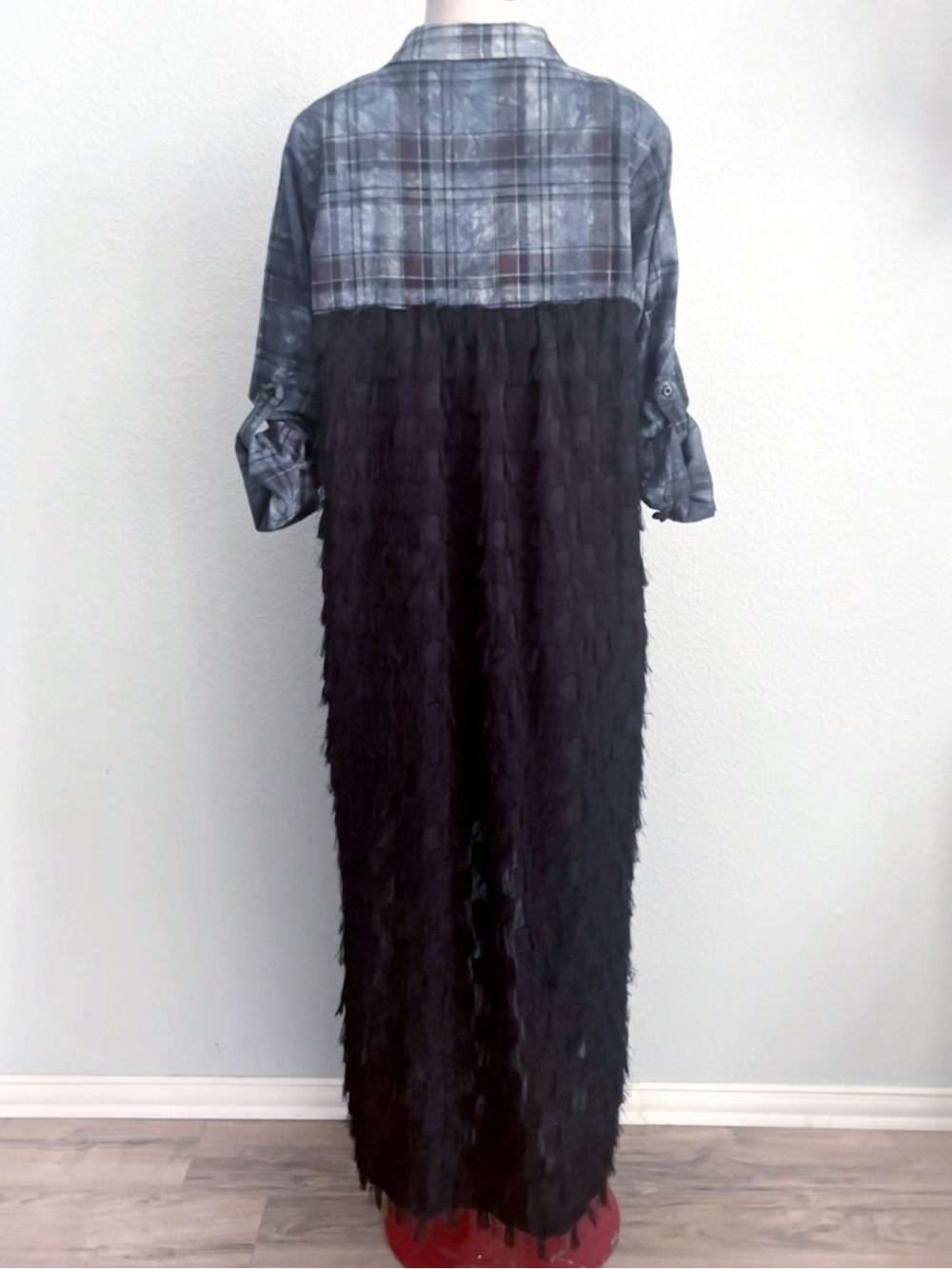 Plaid Linen Fringed Tab Sleeve Jacket Hi/Lo Lagenlook Western Boho L/XL - Picture 7 of 10